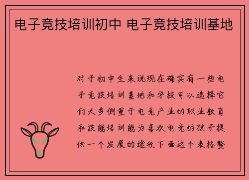 电子竞技培训初中 电子竞技培训基地